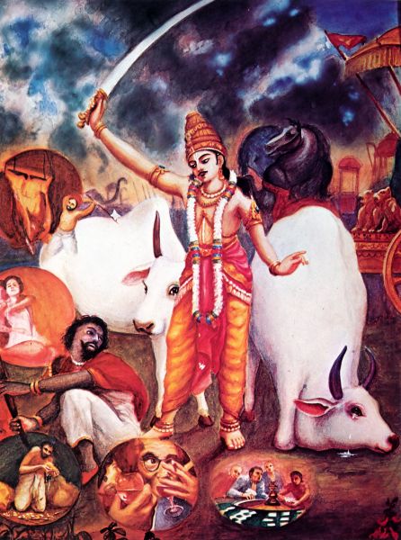 When Maharaja Pariksit was on a tour of the world, he saw the master of Kali-yuga, who was lower than a sudra, disguised as a king and beating the legs of a cow and bull